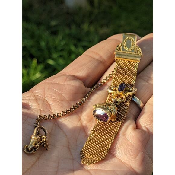 Antique Gold Fill Vest Pocket Clip Watch Chain Mesh Charm Victorian w/ Amethysts - Picture 9 of 12